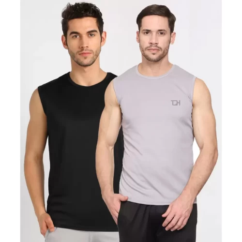 Pack of 2 TQH Men Sleeveless Men Solid Round Neck Polyester Black, Grey T-Shirt