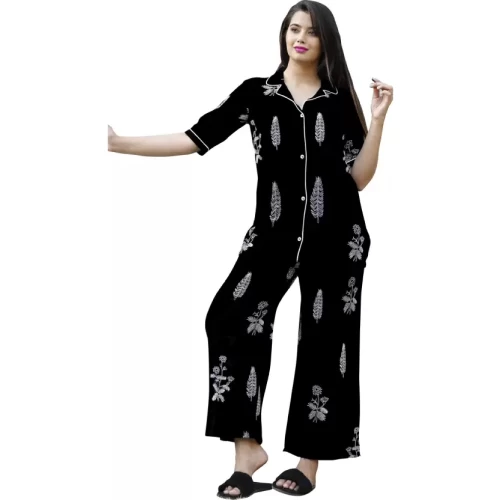 Women Shirt & Pyjama set Black Printed