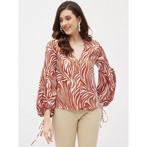 Sleeves Graphic Print Women Brown Top